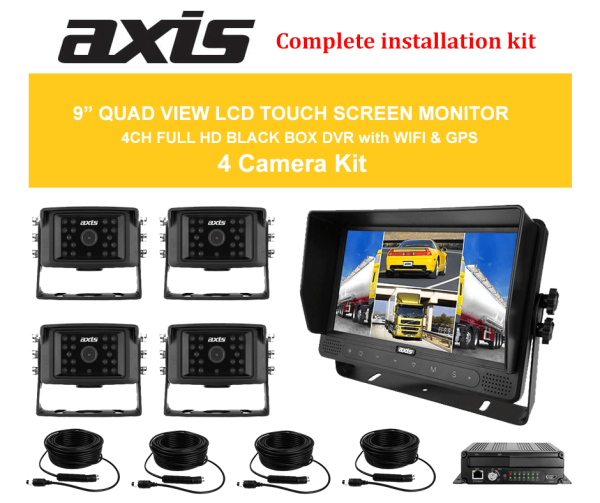 RS-AXIS-9” QUAD VIEW LCD TOUCH SCREEN MONITOR DVR with WI-FI-GPS 4 Camera Kit